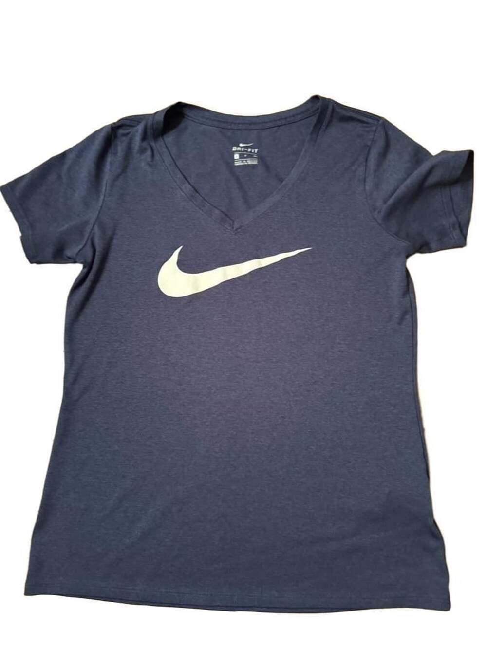 Nike Shirt Womens Extra Small Blue Graphic Logo V Neck Short Sleeve Stretch h114